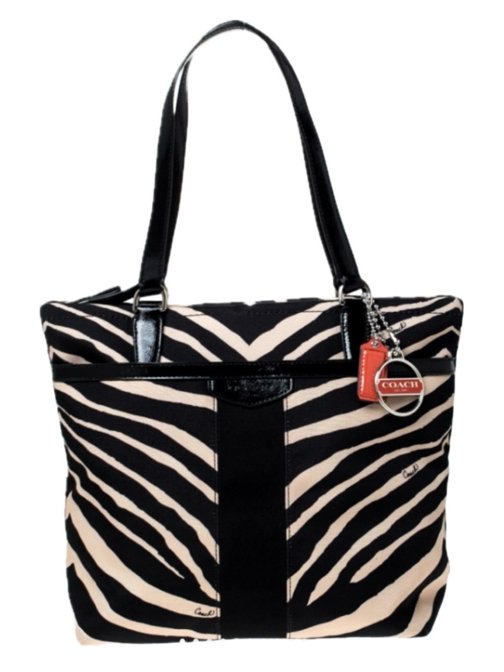 Coach Black Tan Beige Zebra Print Canvas Fabric Tote Shoulder Purse Bag